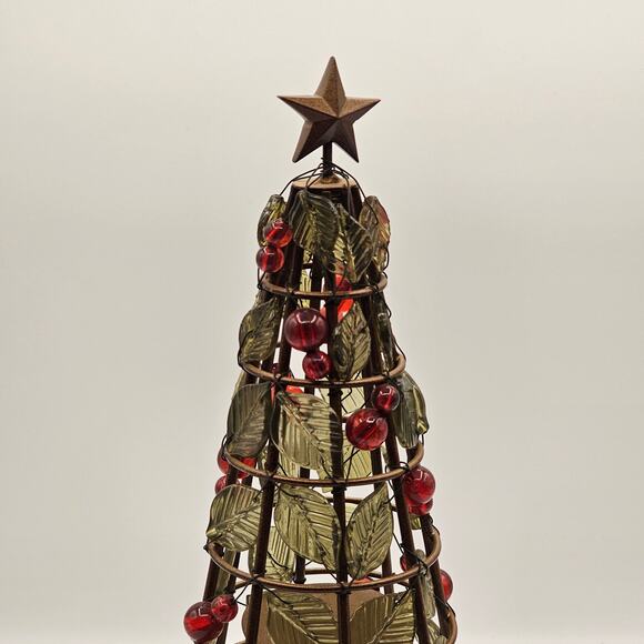 Vintage Beaded Christmas Tree Tealight Holder-Festive Ivy & Berries Metal Décor - Picture 3 of 10